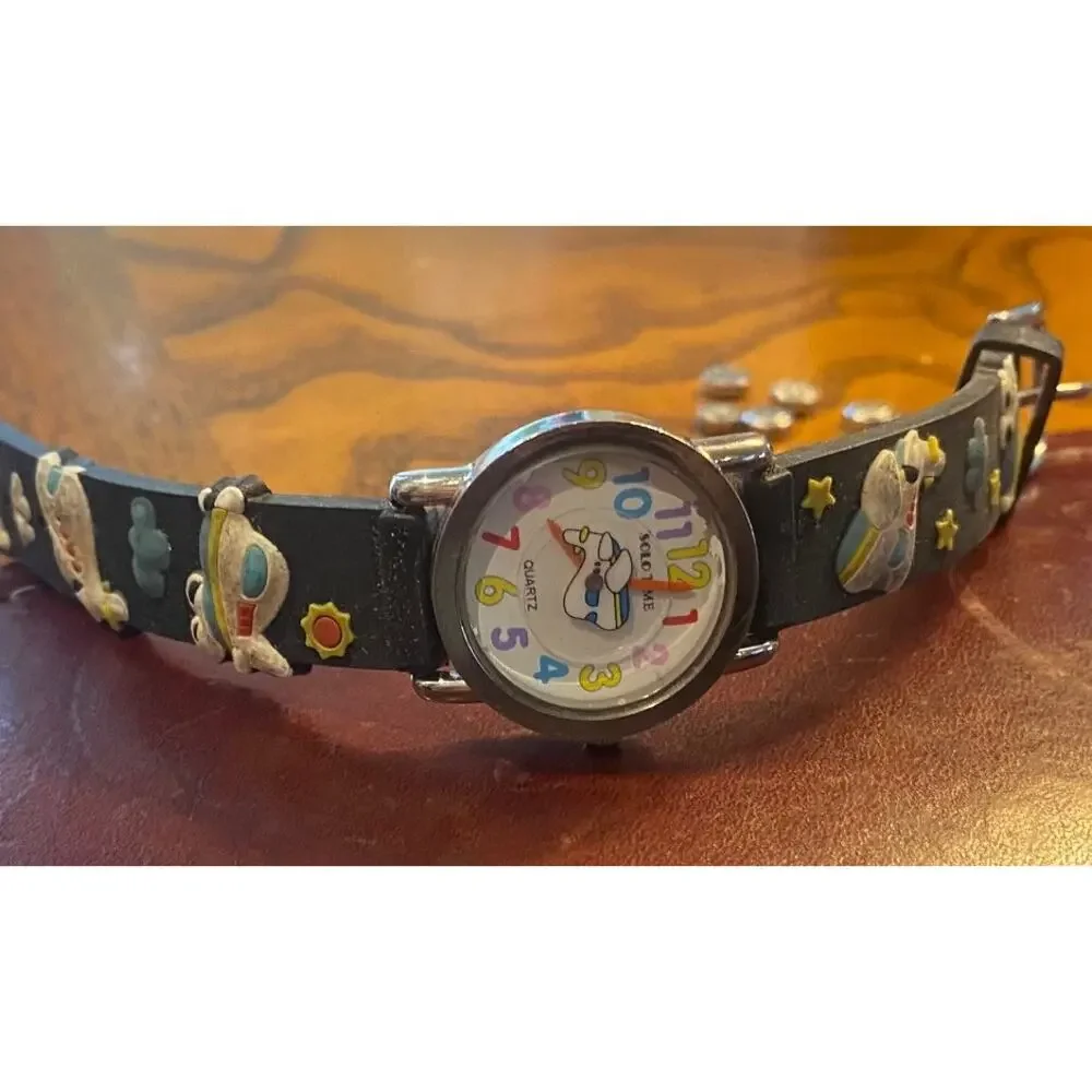 Boy's Solo Time Watch, Airplane Theme Poly Band, Spinning Plane on Face